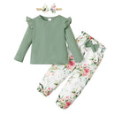 1-5 anos Kids Girl Conjunto de roupas de manga comprida Camisa com nervuras de cor sólida + calças florais + faixa de cabeça Outono 3PCS Outfit para menina da criança