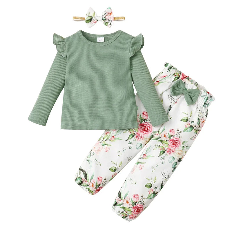 1-5 anos Kids Girl Conjunto de roupas de manga comprida Camisa com nervuras de cor sólida + calças florais + faixa de cabeça Outono 3PCS Outfit para menina da criança