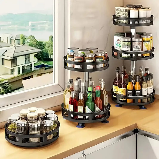Organizador de rack de armazenamento de especiarias de cozinha rotativa de 360 ° Desktop sem perfuração Armazenamento de prateleira de garrafa de especiarias rotativa redonda de várias camadas doméstica