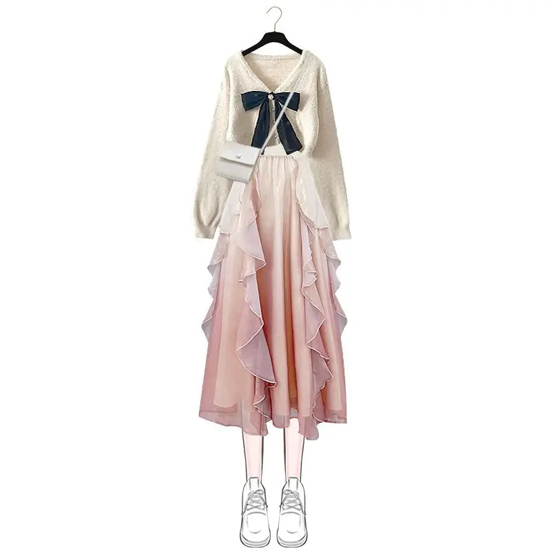 Primavera Outono Novas Suéteres de Malha Femininas Duas Peças 2025 Coreano Elegante Arco Cardigan Strap Saia Conjunto Correspondente Roupas Femininas