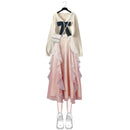 Primavera Outono Novas Suéteres de Malha Femininas Duas Peças 2025 Coreano Elegante Arco Cardigan Strap Saia Conjunto Correspondente Roupas Femininas