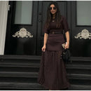 2025 Chic Splicing Brown Meia Manga Maxi Vestido Feminino Casual Plissado A Linha Slim Vestidos Femininos Escritório Comutar Vestes de Rua