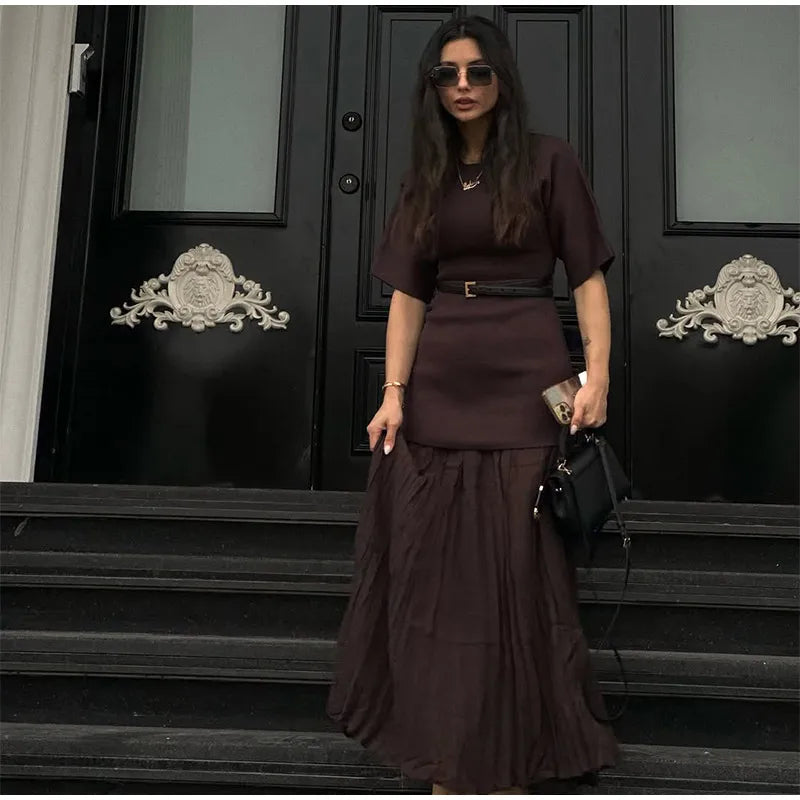 2025 Chic Splicing Brown Meia Manga Maxi Vestido Feminino Casual Plissado A Linha Slim Vestidos Femininos Escritório Comutar Vestes de Rua