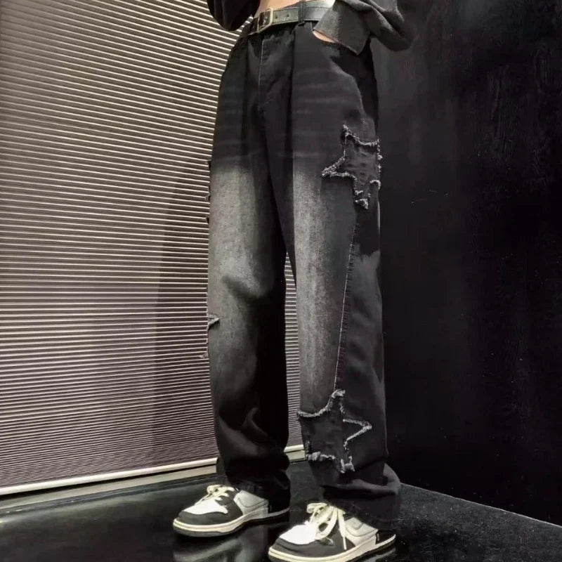 Estrelas Patchwork Homens Jeans Nova Moda Y2K Tassel Pants Coréia Roupas Em Linha Reta Hip Hop Emenda Calças Masculinas Streetwear
