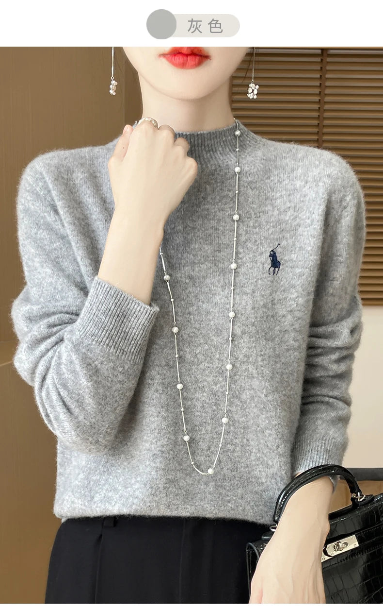 2025 Outono/Inverno Feminino Novo Moletom Com Capuz De Caxemira Elegante Bordado Meio Alto Gola Macia Caxemira Explosiva100% Lã Australiana