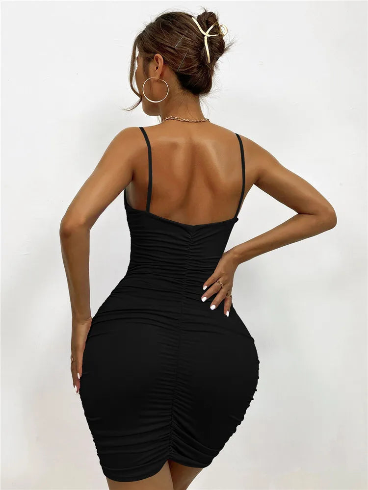 Fairyshely Sexy Ruffle Deep V Short Club Dress Senhoras 2024 Verão Azul Bodycon Vestidos Festa de Noite Mini Vestido Apertado