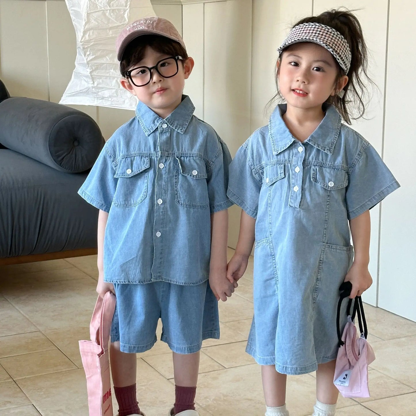 Roupas infantis 2025 verão novo terno jeans para menino ou vestido de menina casual roupas para irmão e irmã