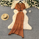 SINGREINY Verão Suave Ternos de Tricô Mulheres Botão Design Manga Curta O Pescoço Tops + Bodycon Saia Gancho Flor Oco 2pcs Set