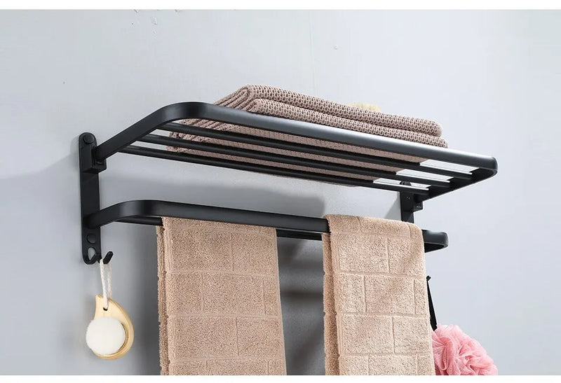 Suporte dobrável preto fosco de 50 cm com gancho suporte de toalha de montagem na parede AlumínioToalheiro