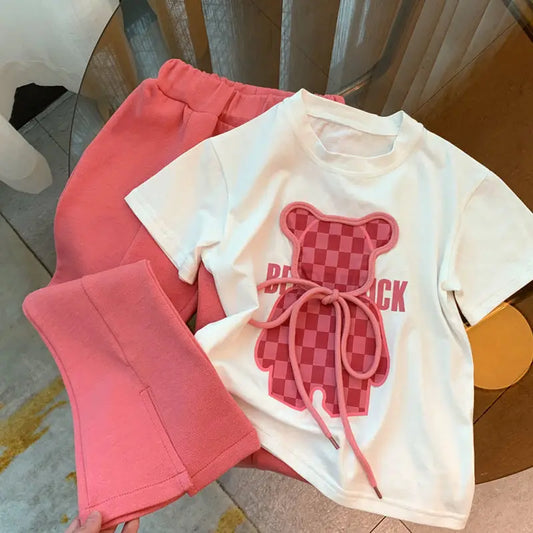 Conjunto de roupas de verão para bebês meninas Camiseta de urso dos desenhos animados infantil e calças largas Terno Crianças de manga curta Top Bottom Tracksuit