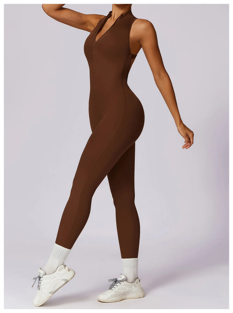 V Voltar Terno De Uma Peça Das Mulheres Macacão Esportivo Zíperes Yoga Macacão Backless Sportswear Mulheres Sleeveles Workout Bodysuits Feminino