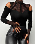Sexy TeeContrast Lace Cutout Top de manga comprida ew ashion camisa de mulher 2025 outono inverno primavera blusas roupas femininas roupas
