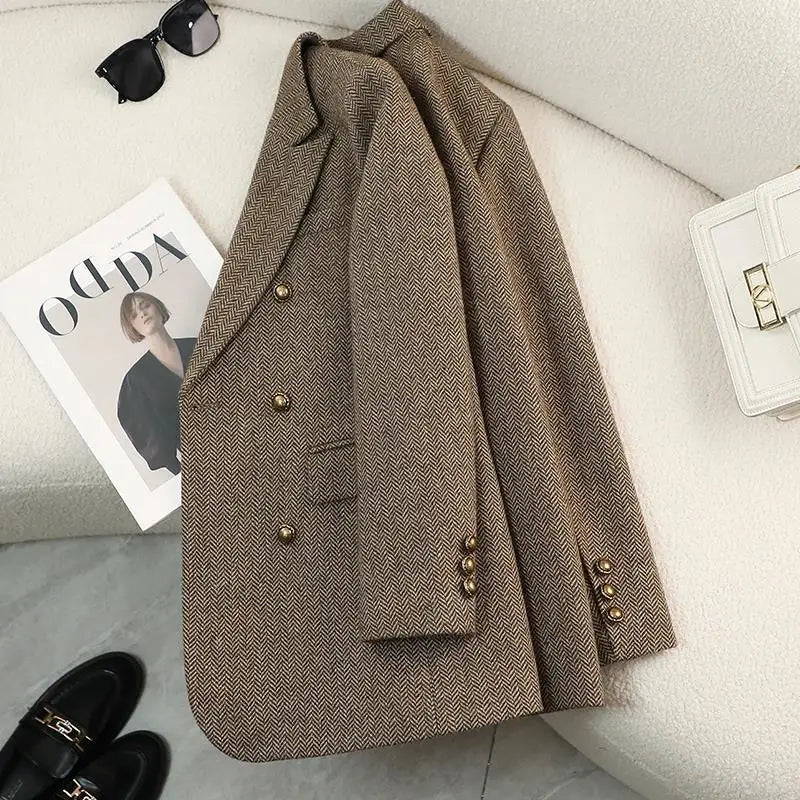 Outono Inverno Novo Blazer Casacos Jaquetas de Lã Feminina Manga Comprida Entalhado Vintage Grosso Outerwears Roupas Femininas Elegantes