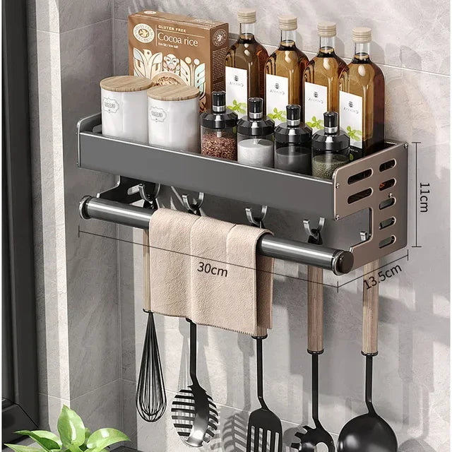 Elegante rack de condimentos de cozinha montado na parede com caixa de armazenamento Suporte multifuncional para utensílios domésticos com dispensador de vinagre de óleo