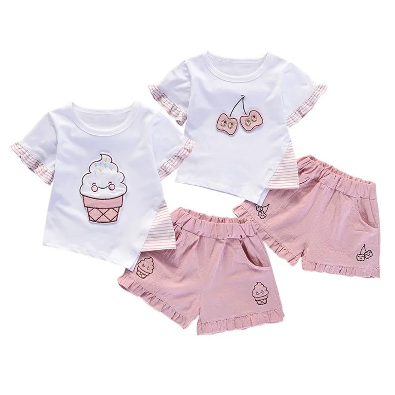 2 Pcs Criança Bebê Crianças Meninas Conjunto de Roupas de Manga Curta T-shirt Tops + Shorts Outfit Crianças Algodão Tops Calças Set