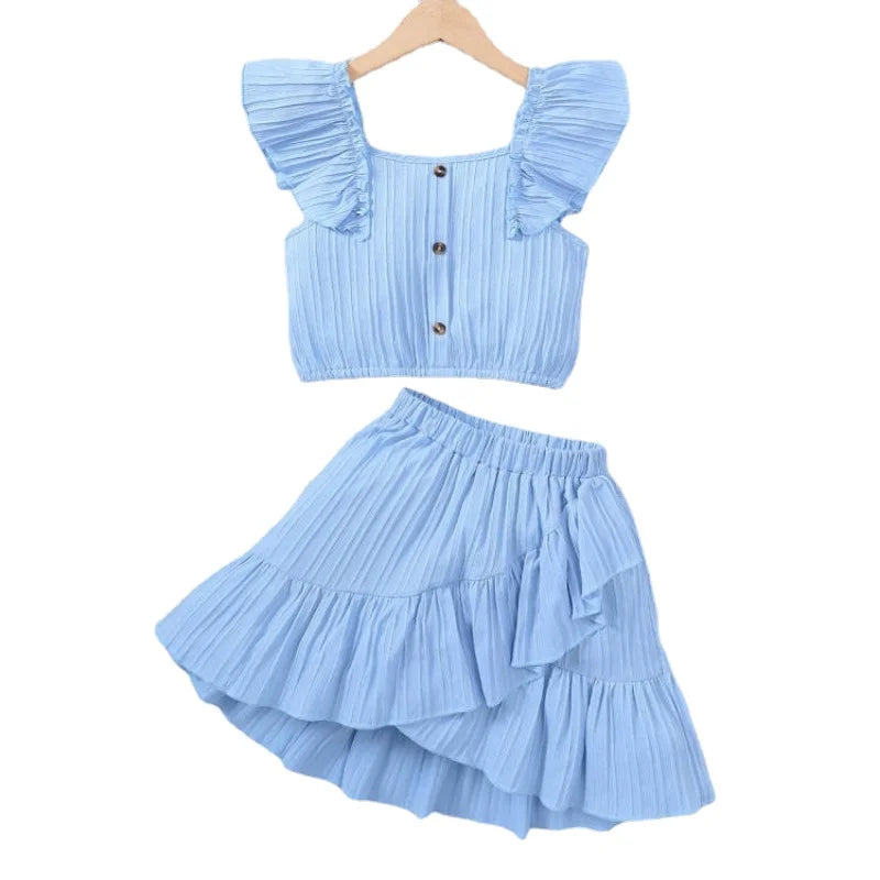 Conjunto de roupas de princesa de verão para meninas infantis Flutter Sleeve Plain Color Tops + Short Skirt Sweet Style Party Wear Para Criança 8-12 Anos