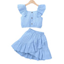Conjunto de roupas de princesa de verão para meninas infantis Flutter Sleeve Plain Color Tops + Short Skirt Sweet Style Party Wear Para Criança 8-12 Anos