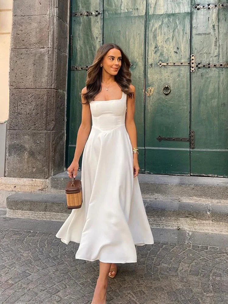 Elegante Branco Plissado A Linha Grande Hem Vestido de Festa Moda Feminina Slash Neck Slim Backless Vestidos 2025 Vestes Femininas Do Clube Verão