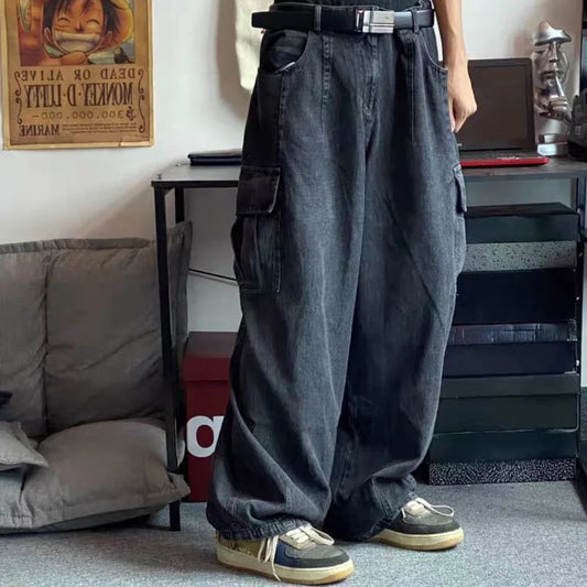 Calças Jeans Largas Calças Jeans Masculinas Calças Pretas de Perna Larga Jeans Masculinos Oversize Cargo Coreano Streetwear Hip Hop Harajuku