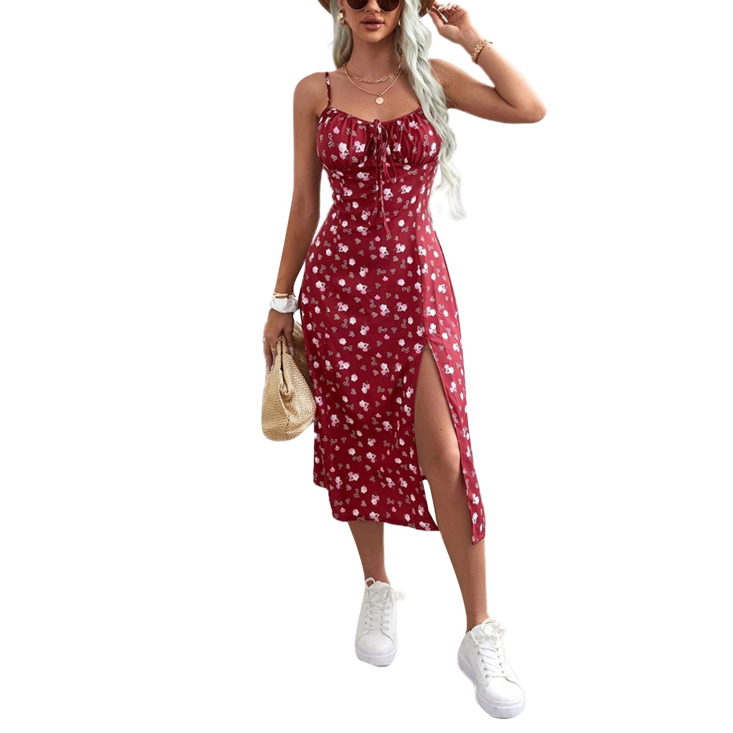 Roupas Femininas Verão 2024 Tendência Vestido Floral, Estampa de Flores Alças Finas Sem Mangas com Fenda Alta para Senhoras
