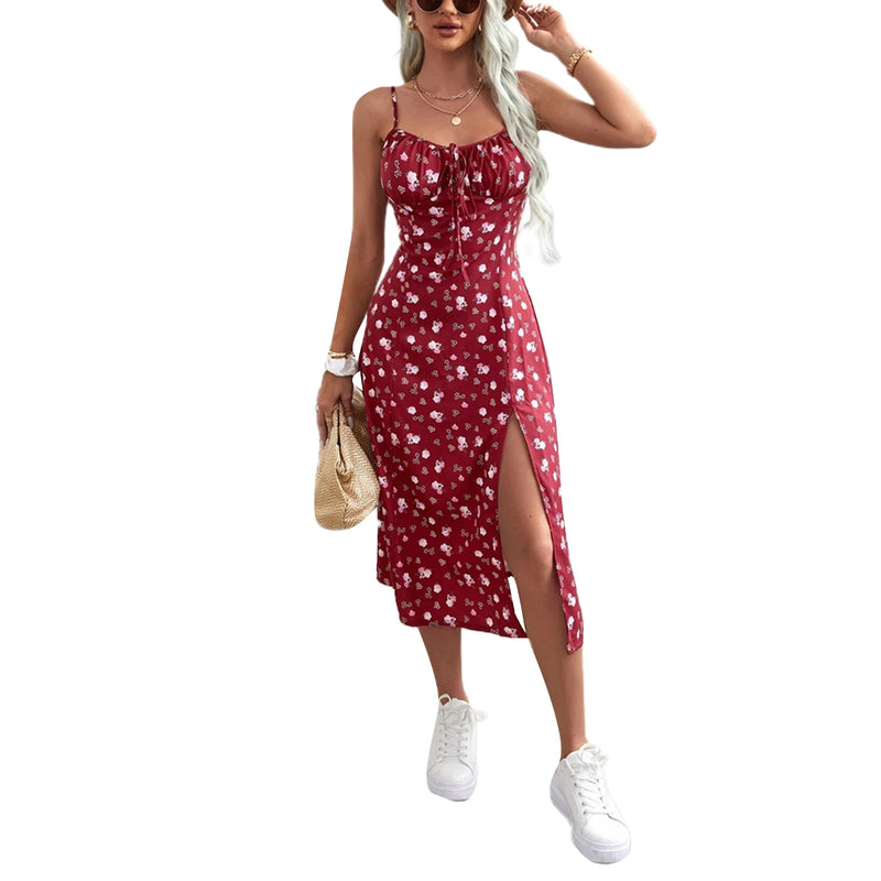 Roupas Femininas Verão 2024 Tendência Vestido Floral, Estampa de Flores Alças Finas Sem Mangas com Fenda Alta para Senhoras