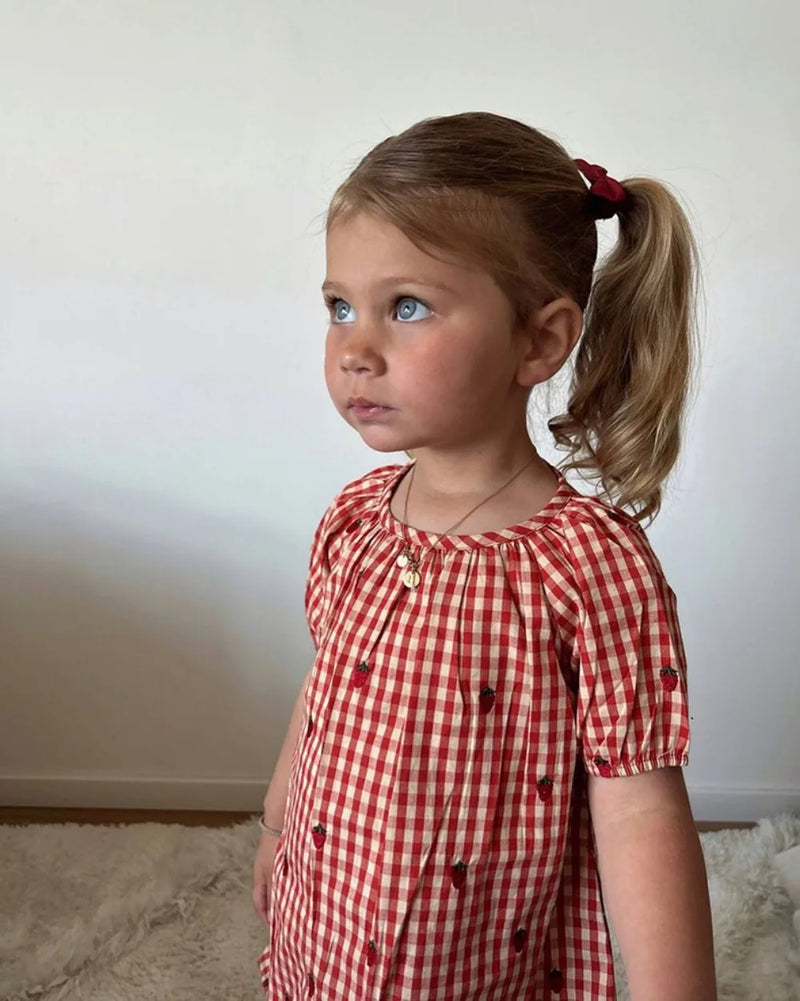 2024 Verão Floess Roupas Infantis Bebê Meninas Vestido de Algodão Xadrez Morango Manga Curta Camisetas Shorts Ternos Roupas Infantis