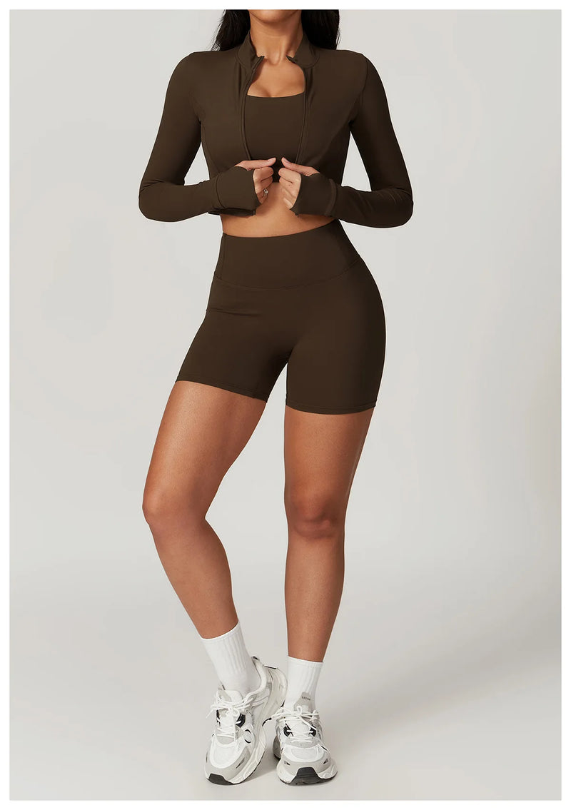 3 PCS Conjunto de Yoga Conjuntos de Treino Feminino Sportswear Roupas de Ginástica Fitness zíper Manga Comprida Cintura Alta Leggings Ternos Esportivos Terno de Ioga