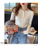 Suéter de malha feminina com decote em O Botão Pulôveres Primavera Outono Suéteres Básicos para Feminino Pulôver Slim Sólido Negrito Listradas Tops