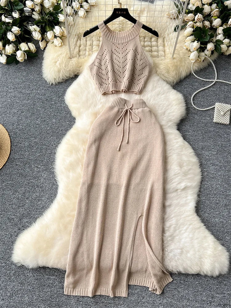 SINGREINY Verão Suave Malha 2 pcs Conjuntos Mulheres Halter Sem Mangas Camis + Bodycon Split Saia Com Cordão Oco Out Ternos De Férias