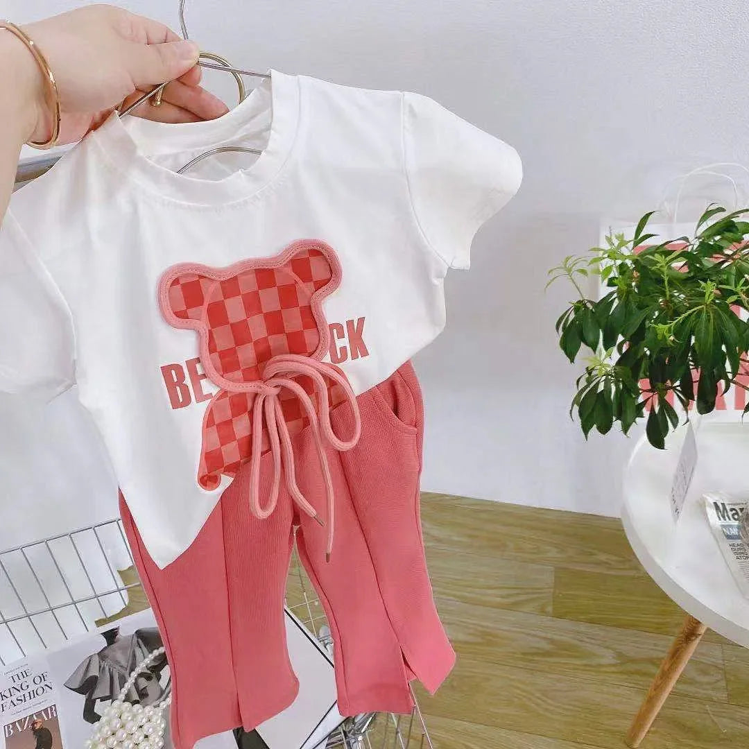 Conjunto de roupas de verão para bebês meninas Camiseta de urso dos desenhos animados infantil e calças largas Terno Crianças de manga curta Top Bottom Tracksuit
