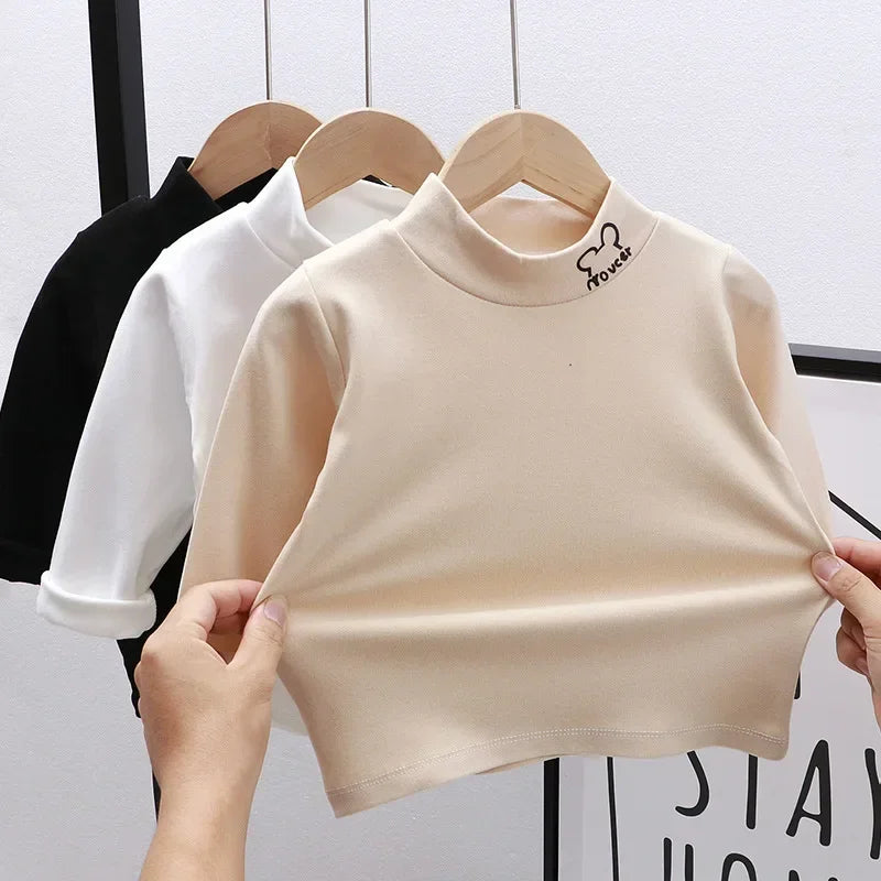 Outono Inverno Crianças Crianças Meninos Meninas T-shirts Tops Gola Alta Sólida Manga Comprida Quente Velo Bottoming Camisas Tees para Crianças