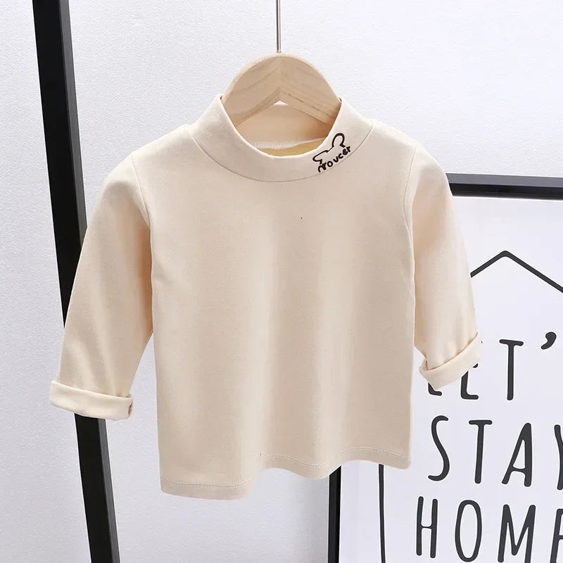 Outono Inverno Crianças Crianças Meninos Meninas T-shirts Tops Gola Alta Sólida Manga Comprida Quente Velo Bottoming Camisas Tees para Crianças