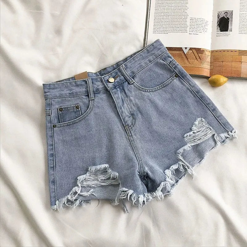 Coreano Shorts Jeans Mulheres Moda Verão Casual Cintura Alta Rasgado Jeans Bolso Borla Y2K Hot Pants Streetwear Calças Azuis
