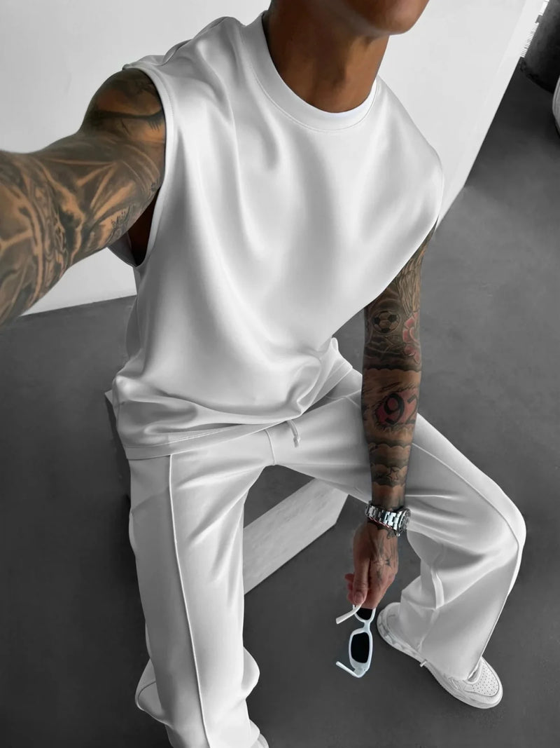 2025 Verão novo masculino moda esportiva calças casuais colete conjunto solto sem mangas T-shirt conjunto de cor sólida