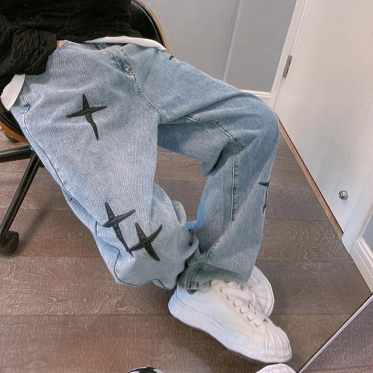 Estampas Jeans Homens 2023 Novo Streetwear Baggy Wide Leg Jeans Coreano Moda Cortinas Reta Casual Solta Denim Cargo Calças