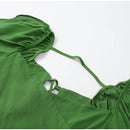 Moda Feminina Chiffon Plissado Lace Up Cintura Alta Mini Vestido Chic Verde Oco Out Manga Cheia A Linha de Vestidos Senhora Vestes de Praia