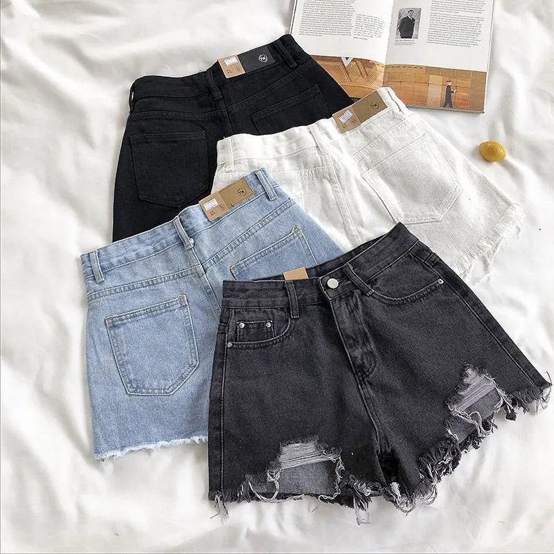 Coreano Shorts Jeans Mulheres Moda Verão Casual Cintura Alta Rasgado Jeans Bolso Borla Y2K Hot Pants Streetwear Calças Azuis