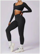 2 Peças Mulheres Treino Conjunto de Ioga Treino Sportswear Roupas de Ginástica Fitness Manga Comprida Crop Top Leggings de Cintura Alta Ternos Esportivos