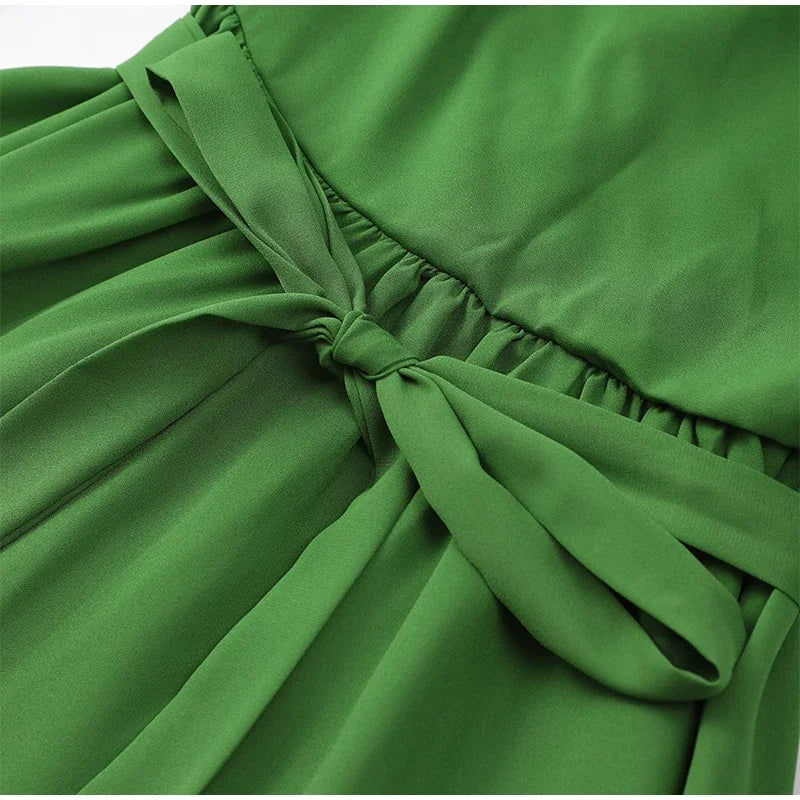 Moda Feminina Chiffon Plissado Lace Up Cintura Alta Mini Vestido Chic Verde Oco Out Manga Cheia A Linha de Vestidos Senhora Vestes de Praia