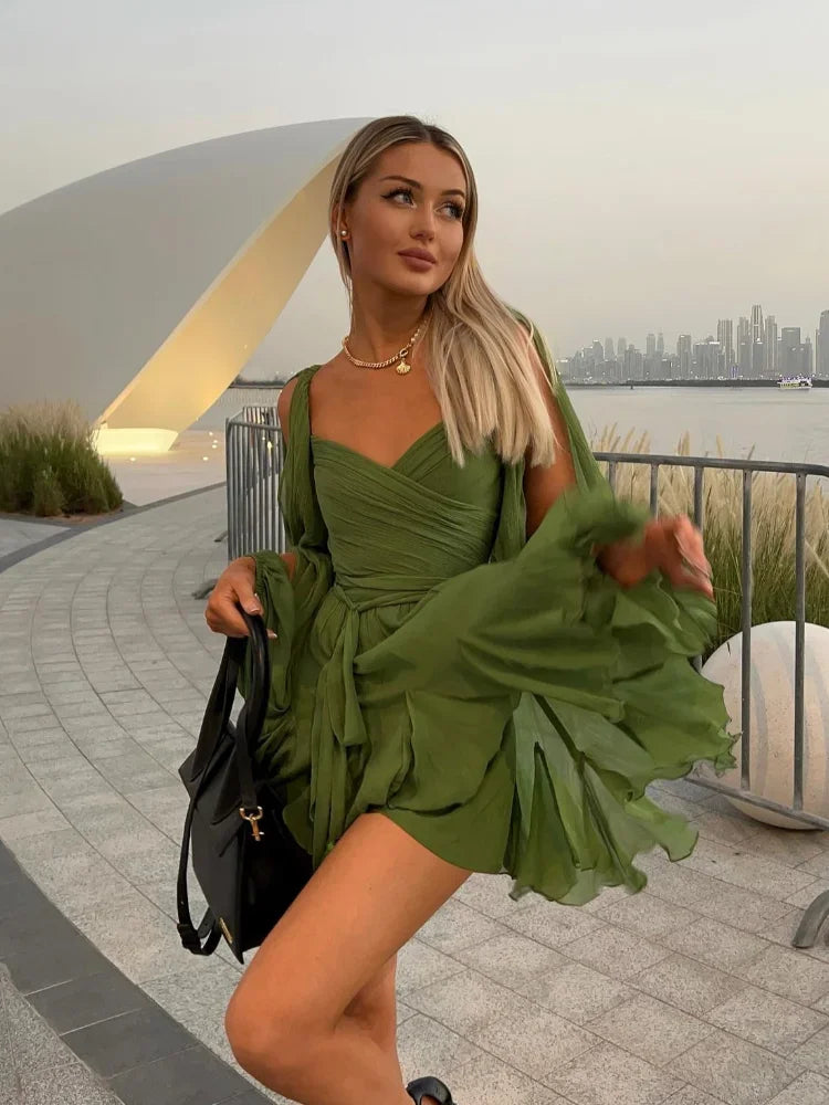 Moda Feminina Chiffon Plissado Lace Up Cintura Alta Mini Vestido Chic Verde Oco Out Manga Cheia A Linha de Vestidos Senhora Vestes de Praia