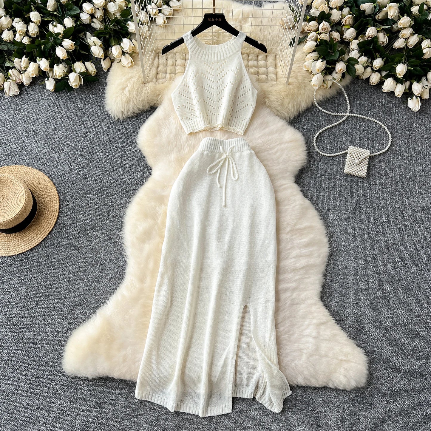SINGREINY Verão Suave Malha 2 pcs Conjuntos Mulheres Halter Sem Mangas Camis + Bodycon Split Saia Com Cordão Oco Out Ternos De Férias