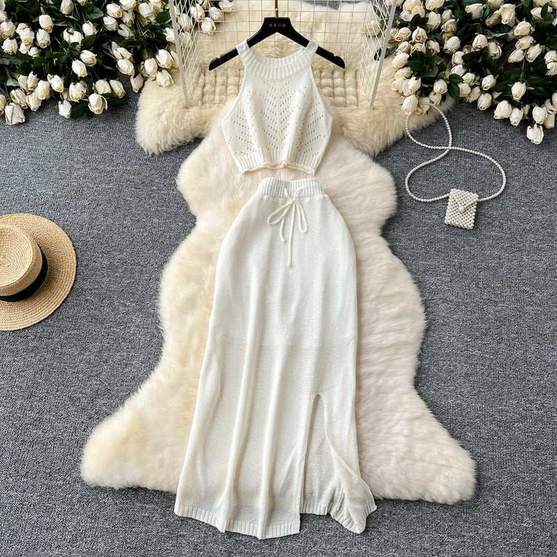 SINGREINY Verão Suave Malha 2 pcs Conjuntos Mulheres Halter Sem Mangas Camis + Bodycon Split Saia Com Cordão Oco Out Ternos De Férias
