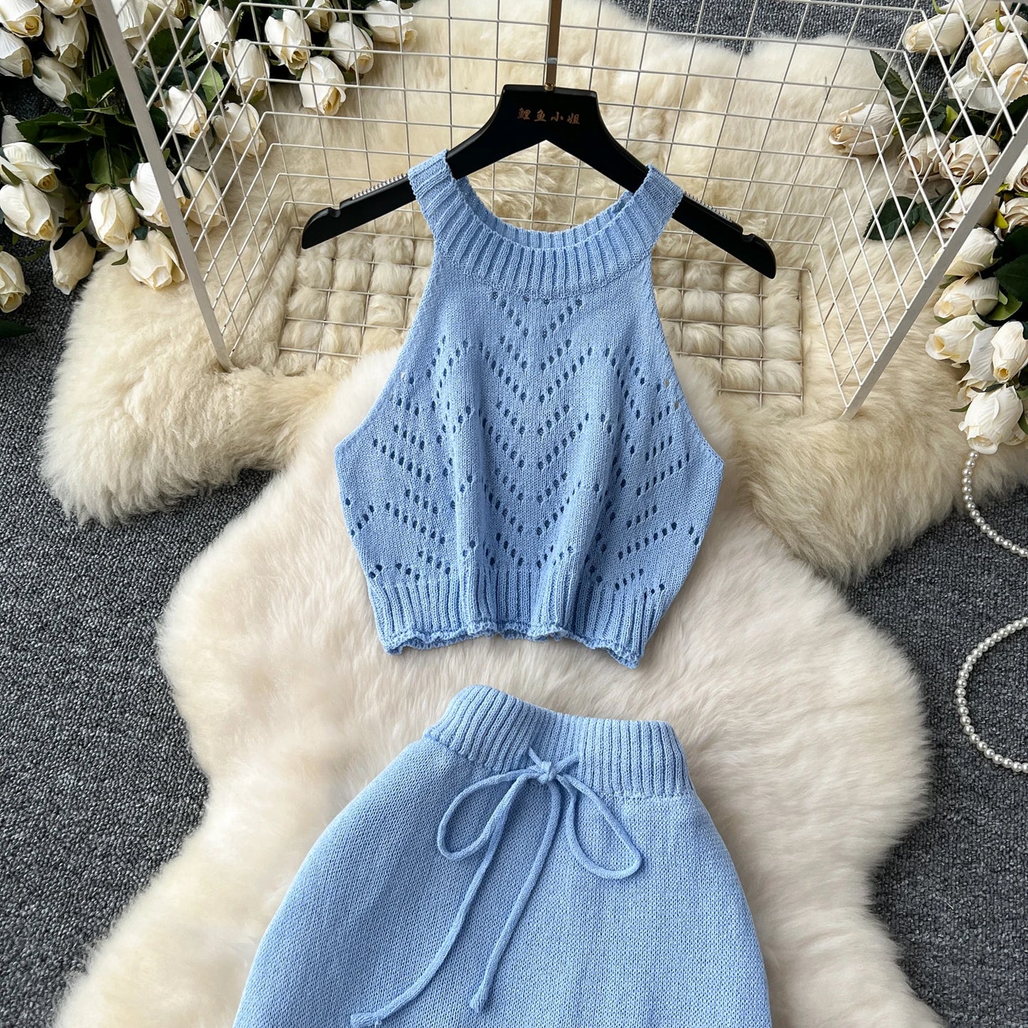 SINGREINY Verão Suave Malha 2 pcs Conjuntos Mulheres Halter Sem Mangas Camis + Bodycon Split Saia Com Cordão Oco Out Ternos De Férias