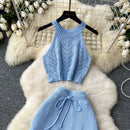 SINGREINY Verão Suave Malha 2 pcs Conjuntos Mulheres Halter Sem Mangas Camis + Bodycon Split Saia Com Cordão Oco Out Ternos De Férias