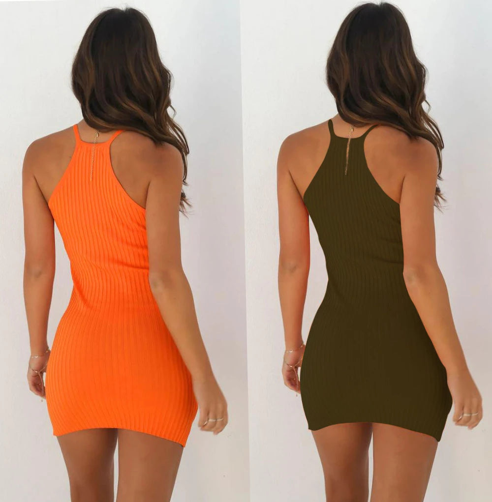 Sexy Rib Stripe Backless Sem Mangas Bodycon Vestido Mulheres Cor Sólida Magro Elegante Halter Vestido Club Party Vestidos