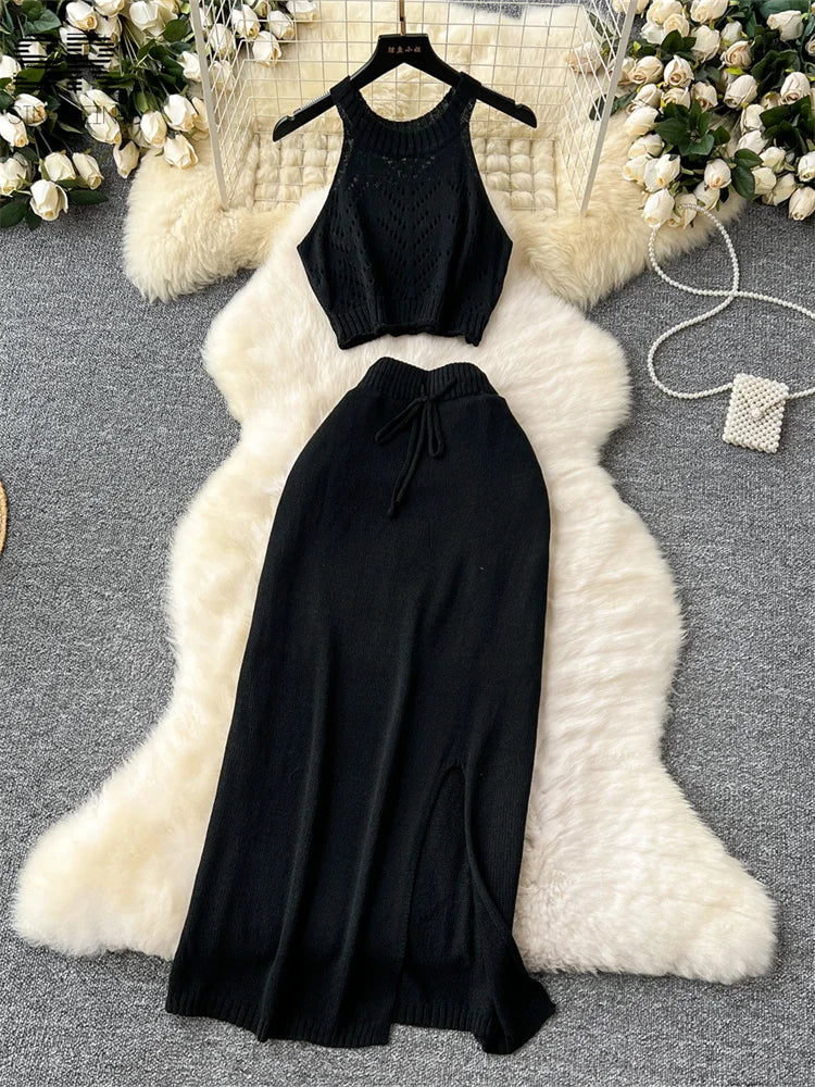 SINGREINY Verão Suave Malha 2 pcs Conjuntos Mulheres Halter Sem Mangas Camis + Bodycon Split Saia Com Cordão Oco Out Ternos De Férias