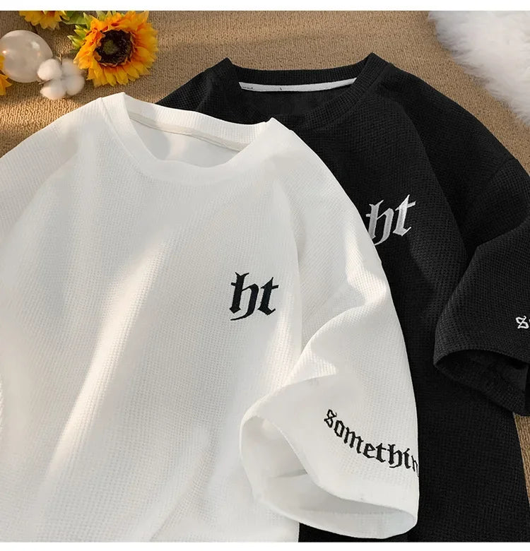 Hefty Walfr Checks Estilo Japonês Ins Camiseta de Manga Curta para Homens Primavera Verão Juventude Oversize Gola Redonda Meia Manga
