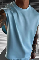 2025 Verão novo masculino moda esportiva calças casuais colete conjunto solto sem mangas T-shirt conjunto de cor sólida