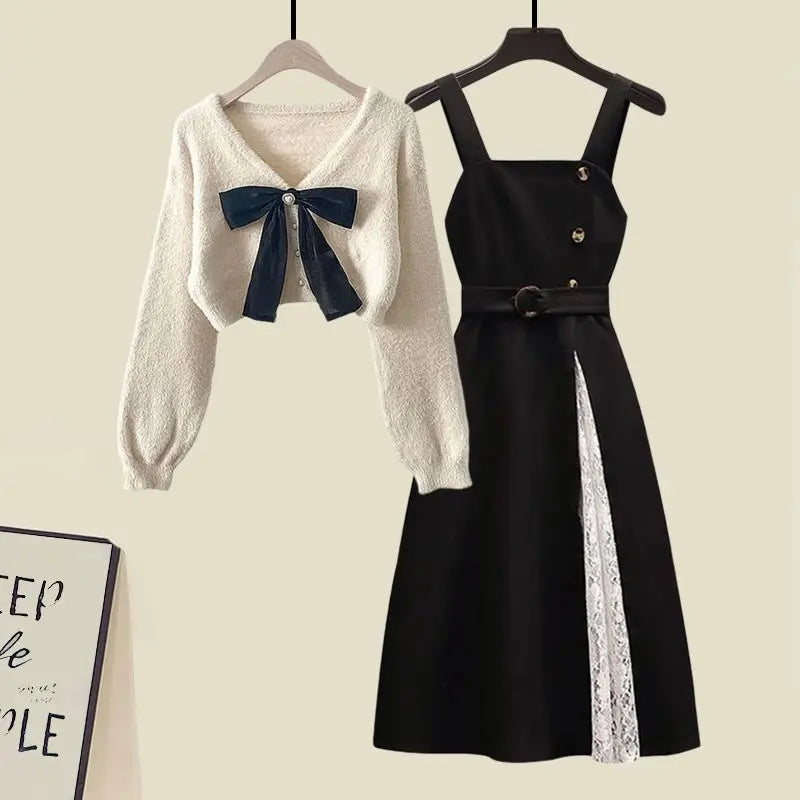 Primavera Outono Novas Suéteres de Malha Femininas Duas Peças 2025 Coreano Elegante Arco Cardigan Strap Saia Conjunto Correspondente Roupas Femininas