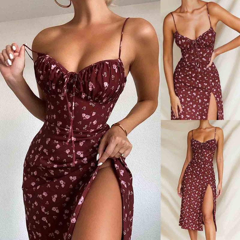 Elegante Elegante Flor Impressão Alças Finas Vestidos Para Mulheres 2024 Camisola Profundo Decote Em V Suspender Vestido Mulher Roupas